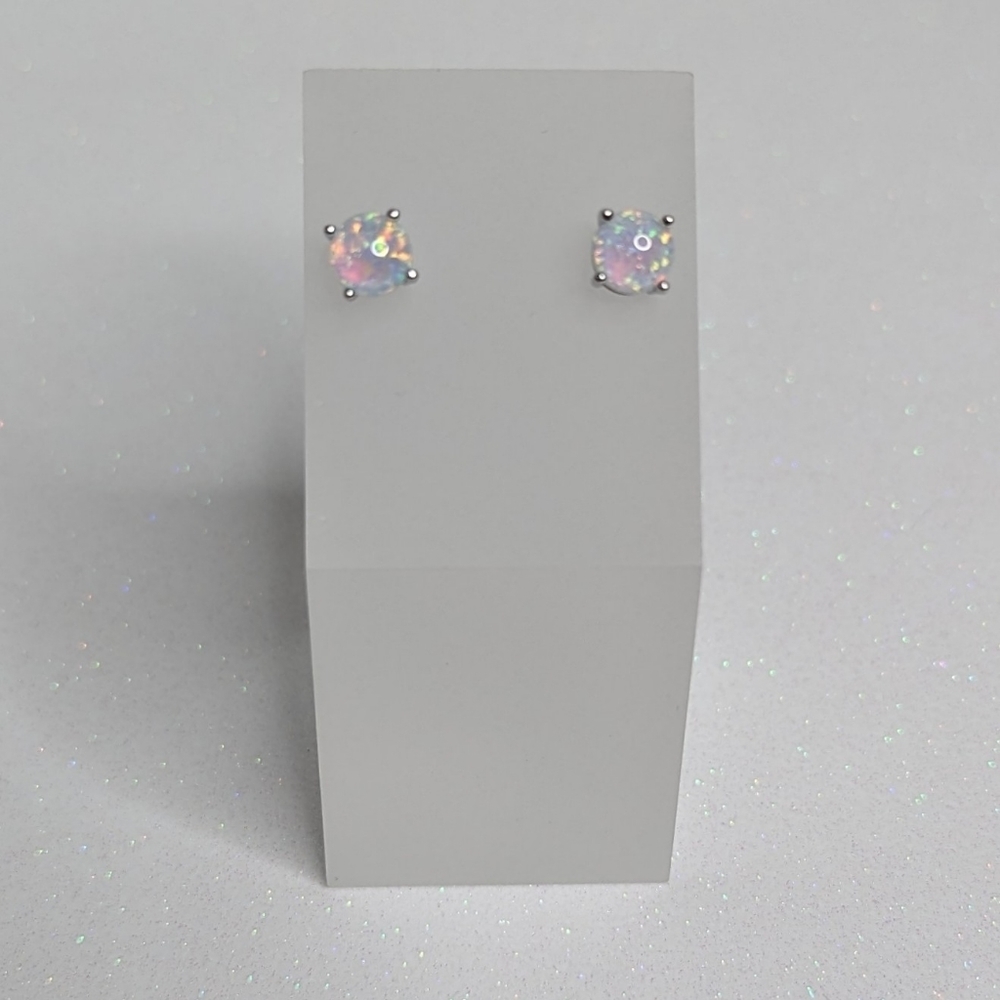 White Fire Opal 6MM Round Stud Earrings - Picture 1 of 6